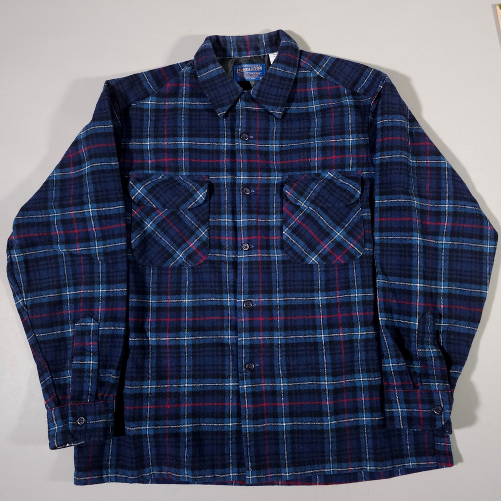 Pendleton Flannel Shirt Mens L Blue Plaid Wool  Tartan Made in USA Loop Collar